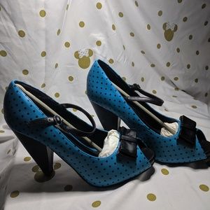 TUK Blue PolkaDot Ankle Strap Rocket Heels